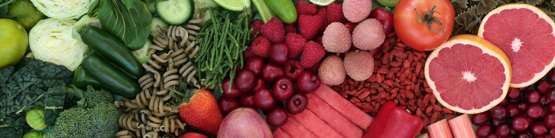 green pink and red fruits grains and vegetables that promote gut and brain health