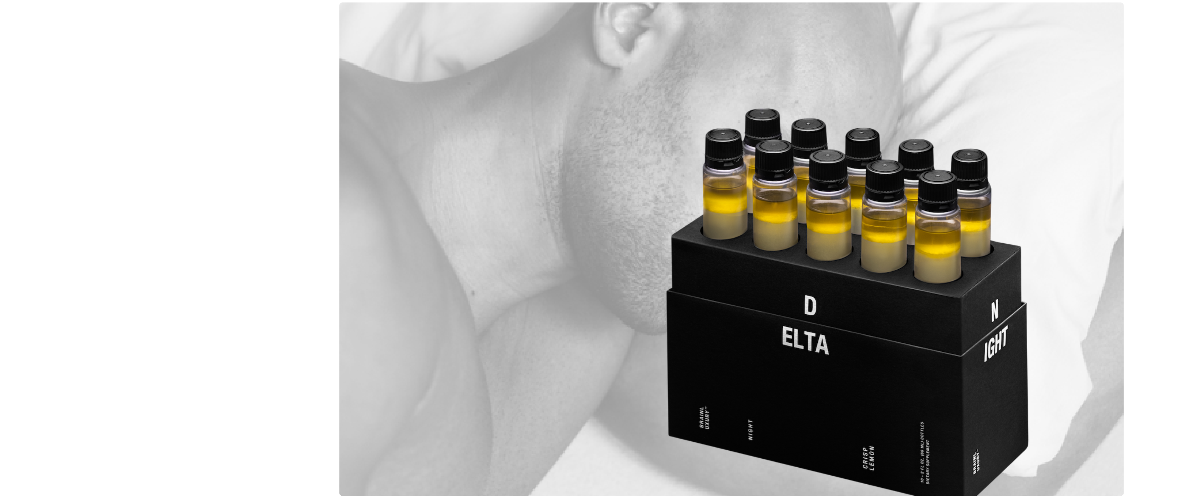 Man sleeping soundly in background with a 10 Box of DELTA BrainLuxury in the foreground