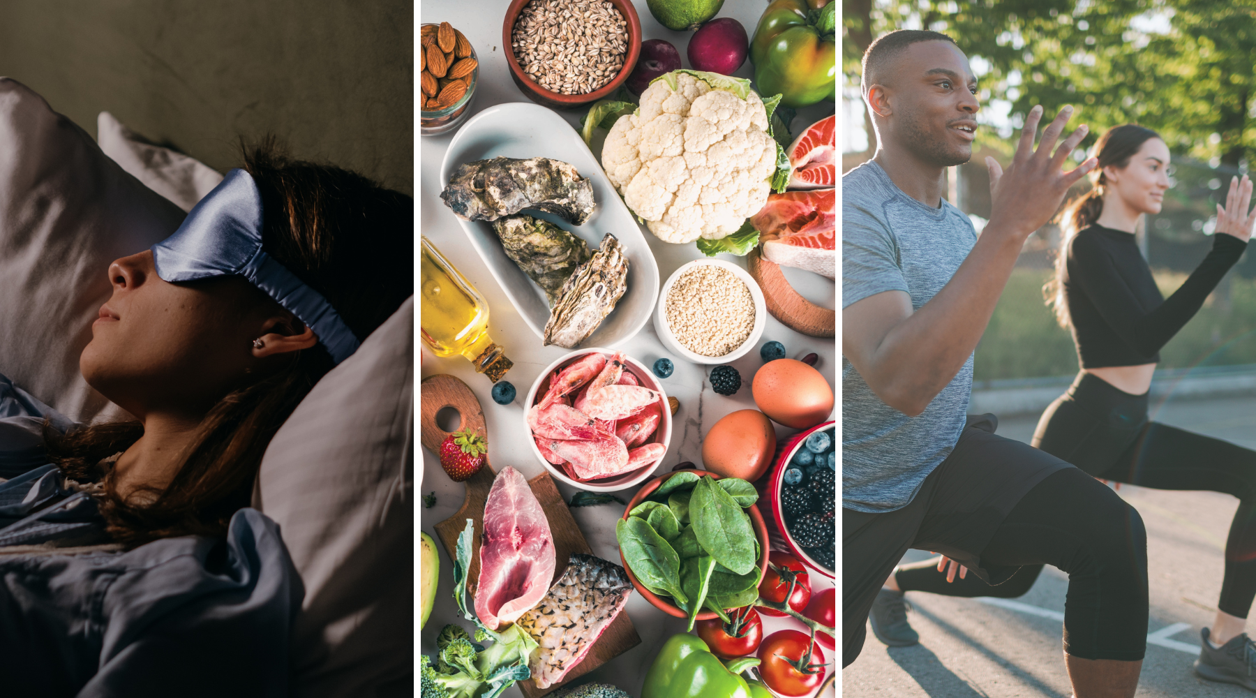 People exercising a lady sleeping and a table of healthy food